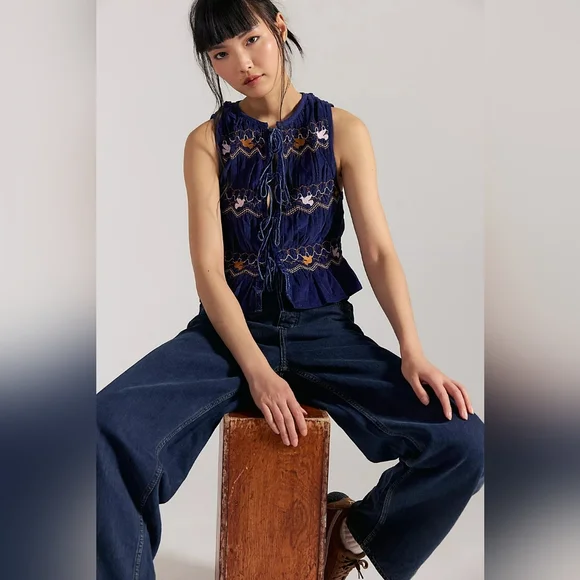 NWT! Free People Terra Smocked Maxi Skirt Set (M), Blue, Corduroy - Picture 4 of 16